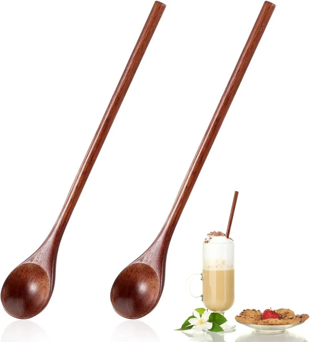 Een set van twee lange houten lepels, 20 cm lang – Geschikt voor honing, koffie, thee en soep – donkerbruin.