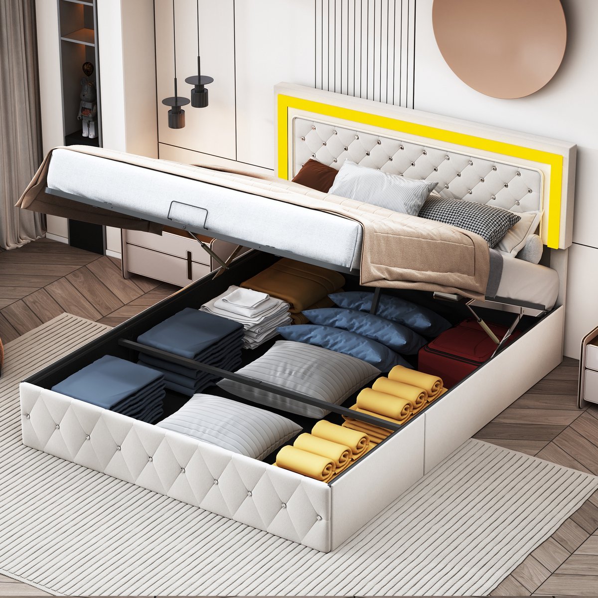 Volwassen bed 160x200 cm, tweepersoonsbed met opbergruimte en LED-verlichting, gecapitonneerd design, gestoffeerd bed, fluwelen bekleding, beige, zonder matras
