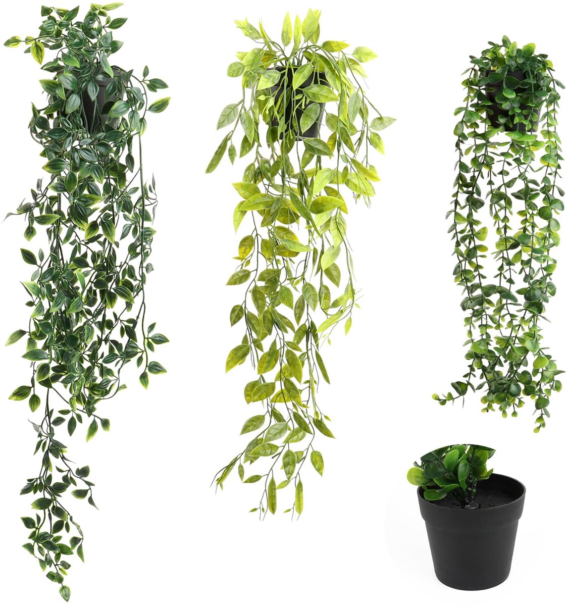 Famanu Set van 3 kunstplanten met potten, ideaal voor woonkamerdecoratie, wijnstok ontwerp, geschikt voor binnen en buiten, groen en geel