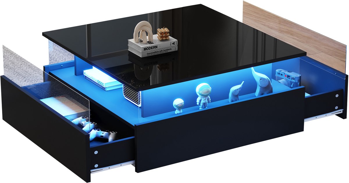 Ropilly Zwarte LED Salontafel - Moderne Hoogglans Salontafel - Met 2 Lades - App Bediening - 30 kg Draaggewicht - Voor Moderne Woonkamer - 70x70x41 cm - Zwart