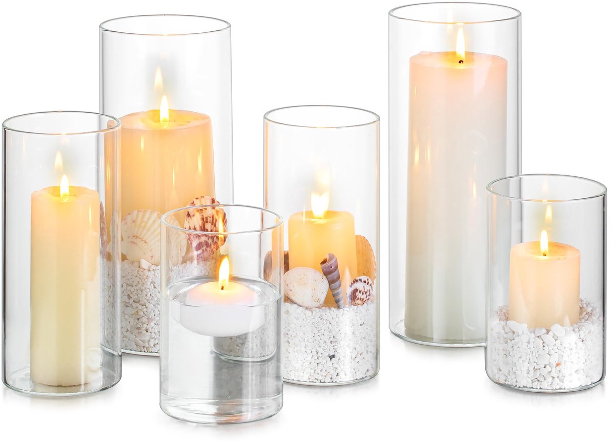 Famanu Set van 6 glazen kaarsenhouders, verdikte grote houders voor stompkaarsen en drijvende bloemen, ideaal voor woondecoratie en tafeldecoratie Transparant