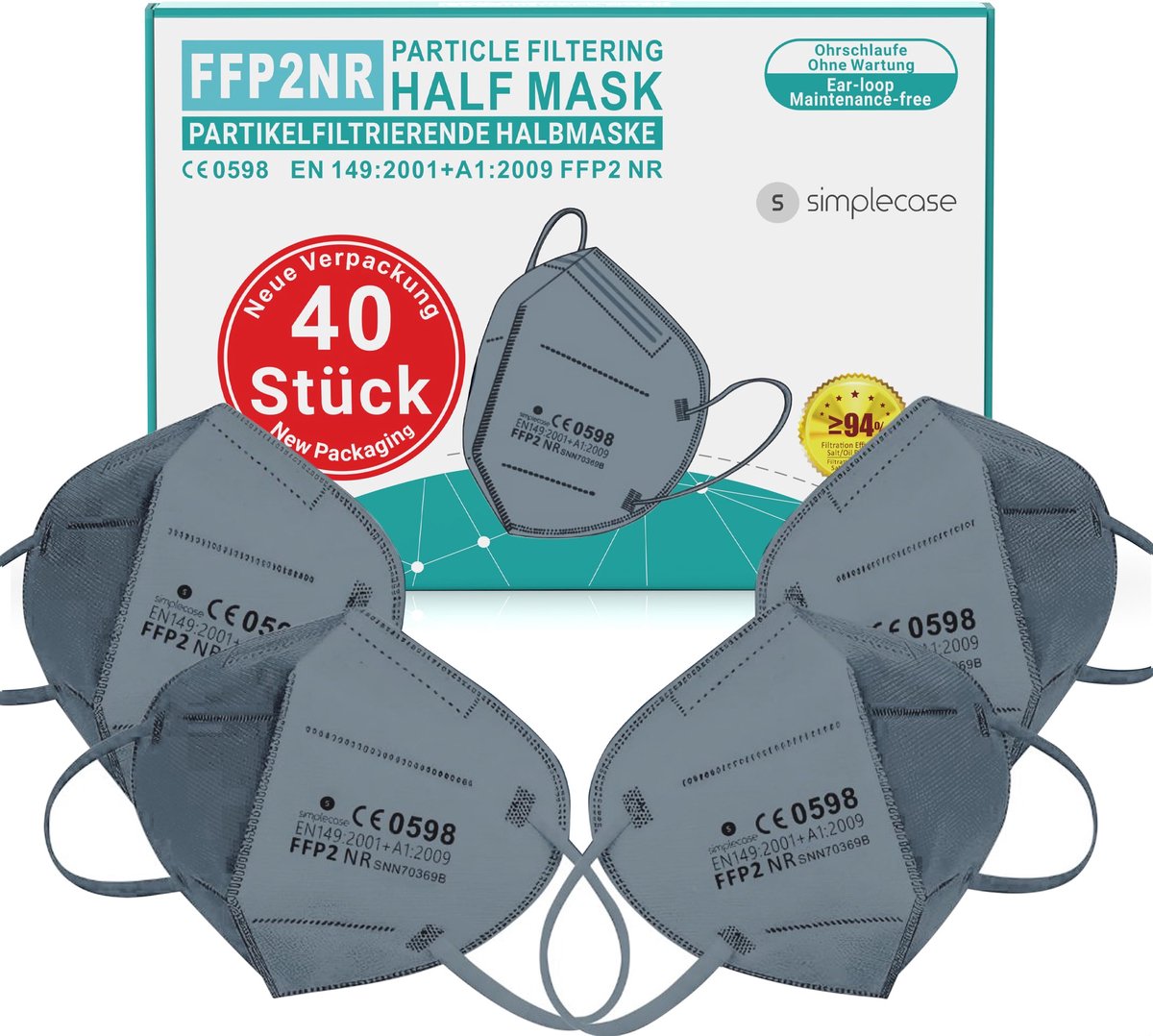 Simplecase 40 stuks FFP2-maskers, CE-gecertificeerd door officieel aangewezen instantie CE2834/0598 - ShopVlot