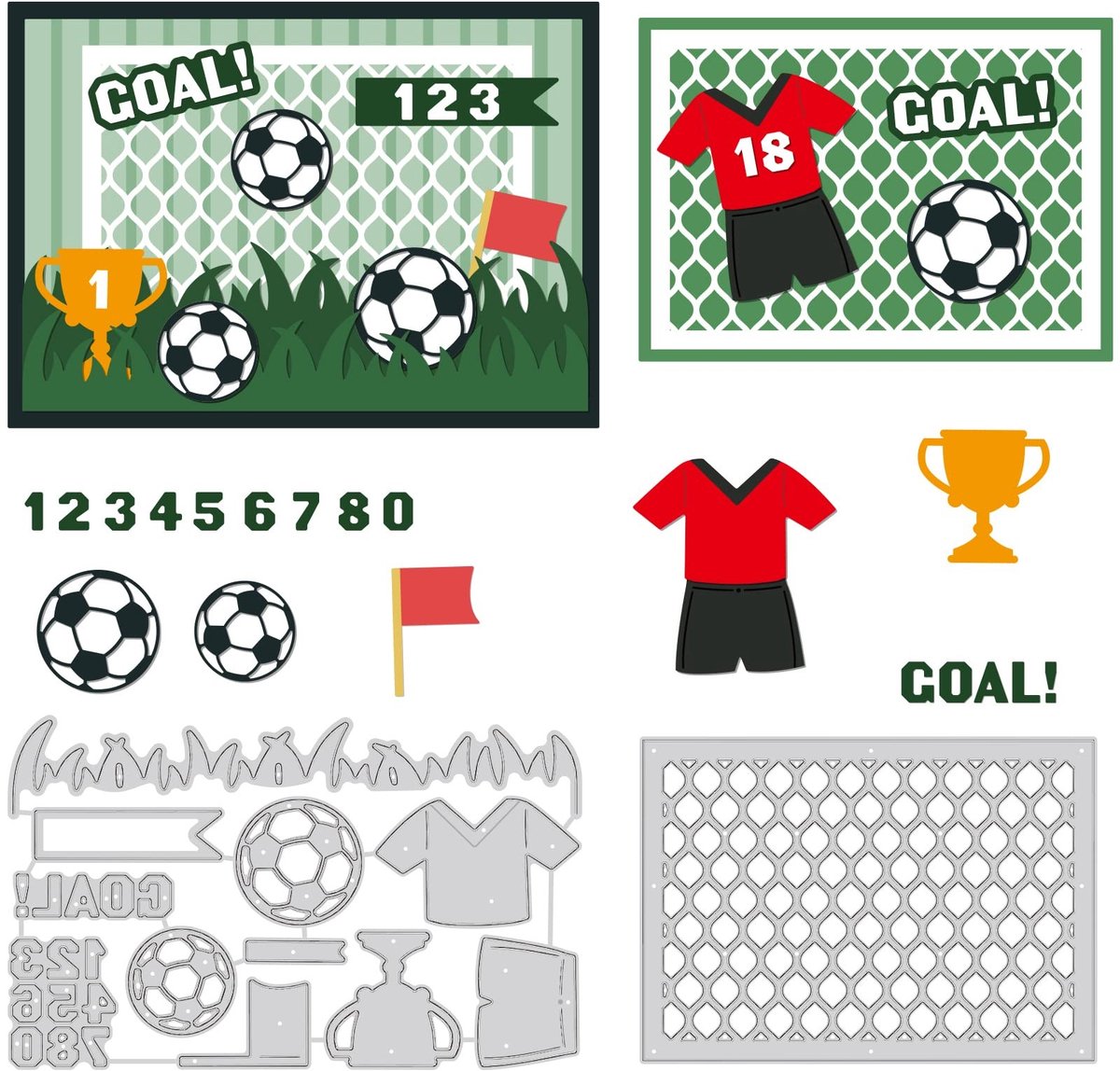 Dailygoods - BENECREAT 2-delige voetbalkoolstofstalen snijmatrijzen stencils, grasveld voetbal doel trofee metalen reliëfdruk stencil voor doe-het-zelf scrapbooking album papieren kaarten decoratieve ambacht