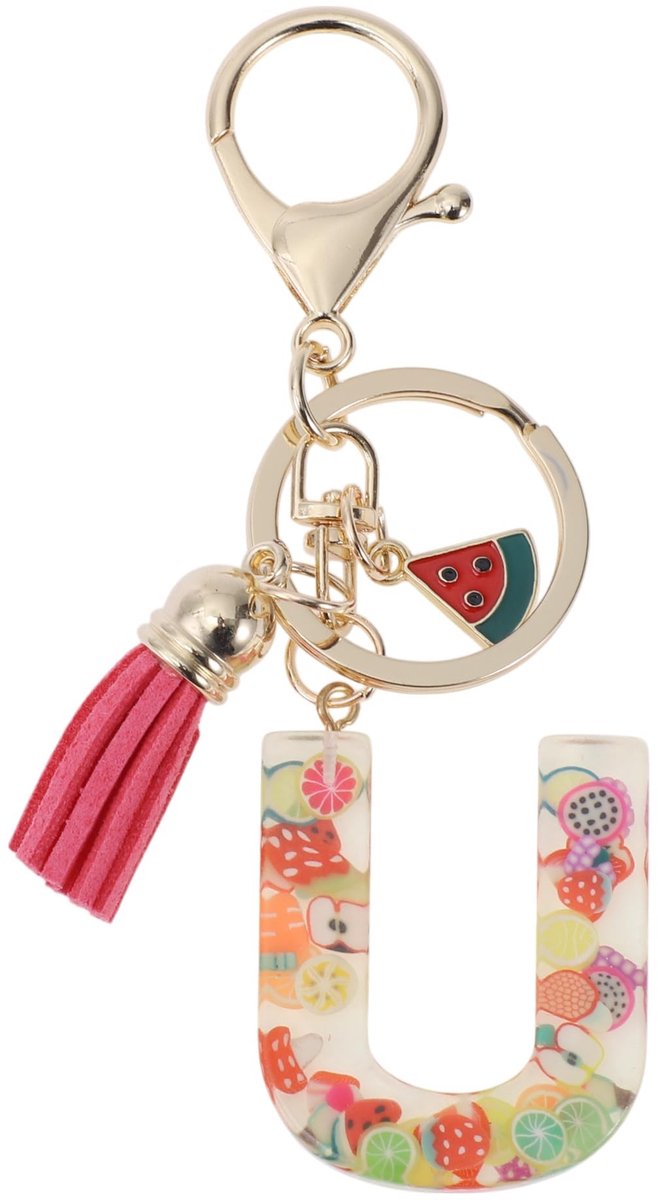 Dailygoods- Sleutelhanger met letter U - Fruitsleutelhanger - Sleutelhanger voor vrouwen - Sleutelhanger met kwastje - Duurzaam harsmateriaal - 9,3 cm lang - Sleutelhanger Met Initiaal