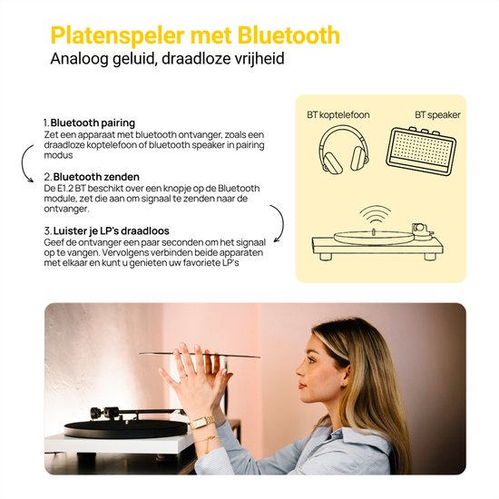 Pro-Ject E1 BT Bluetooth Platenspeler – met Phono Voorversterker – Handmatige Platenspeler – 33/45 RPM – LP Speler – AT3600L element – Zwart — afbeelding 5