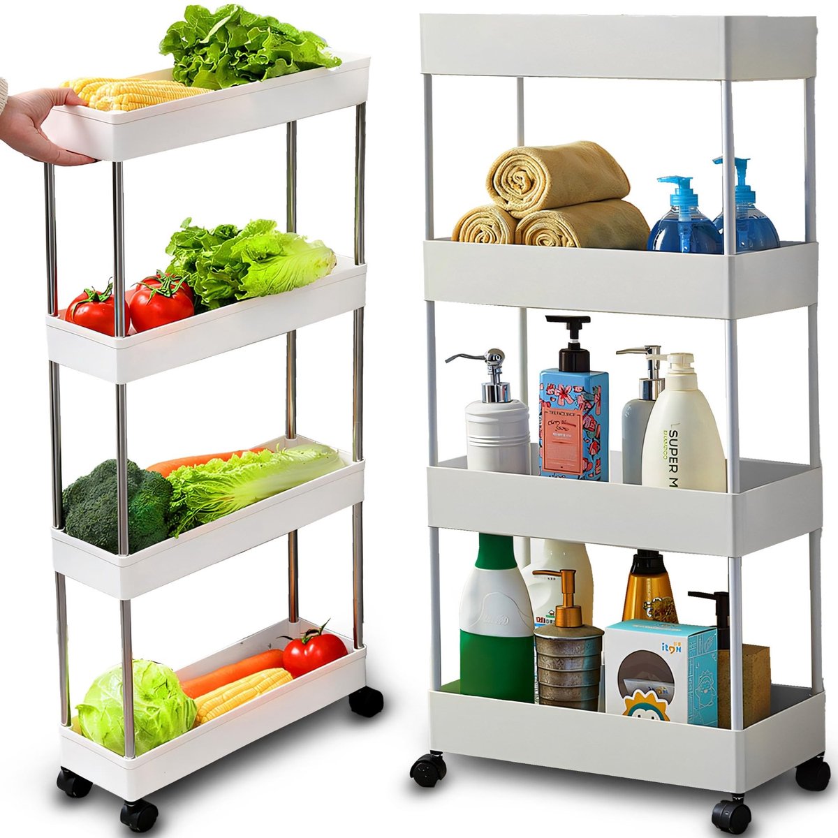 Dailygoods- Rolwagen met 4 niveaus - Opbergrek op wielen - Keukentrolley - Badkamerrek - Compacte afmetingen 87 x 13 x 40 cm - Eenvoudige steekmontage
