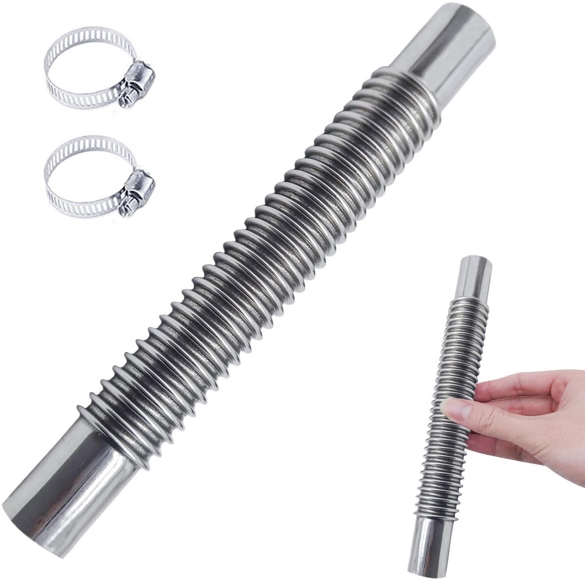 Dailygoods- Uitlaatslang 20 cm - Roestvrij Stalen Auto-uitlaatpijp - Standkachel Uitlaatpijp - Geluidsreducerend - Inclusief 2 Klemmen - Hittebestendig en Slijtvast
