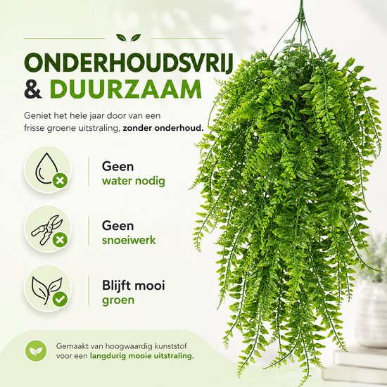Onderhoudsvrije en duurzame kunsthangplant in vol groen.