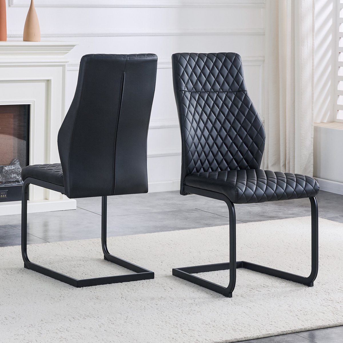 Clruro Eetkamerstoel Set - 2 Stuks - Ruitpatroon met Hoge Rug - Antislip Frame - Metaal - Zwart
