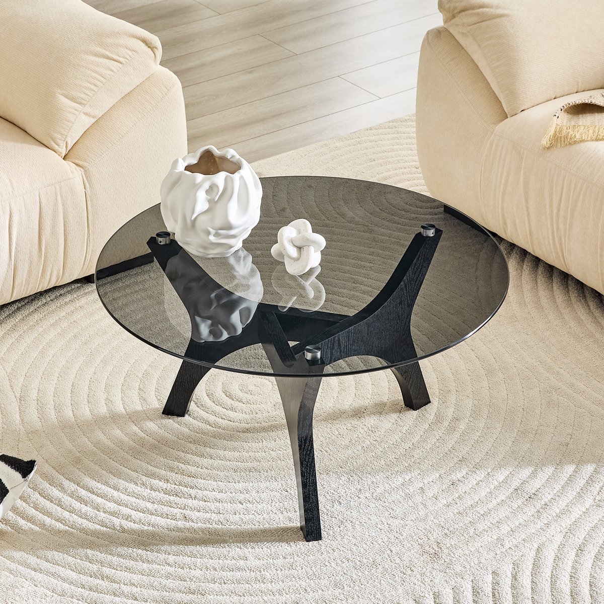 MIVRAY Salontafel - Rond Met Glasplaat - Glas En MDF - Zwart