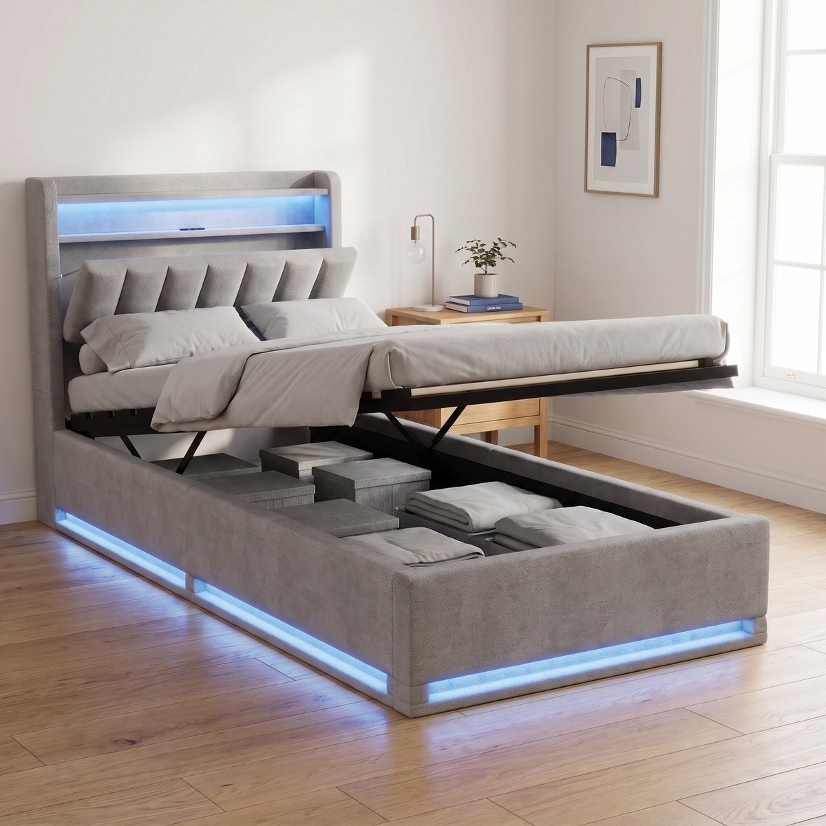 Mofor Gestoffeerd Opbergbed 90x200 cm - Eenpersoonsbed met RGB LED - Hoofdbord met plank en USB - Lattenbodem - Fluwelen - Grijs