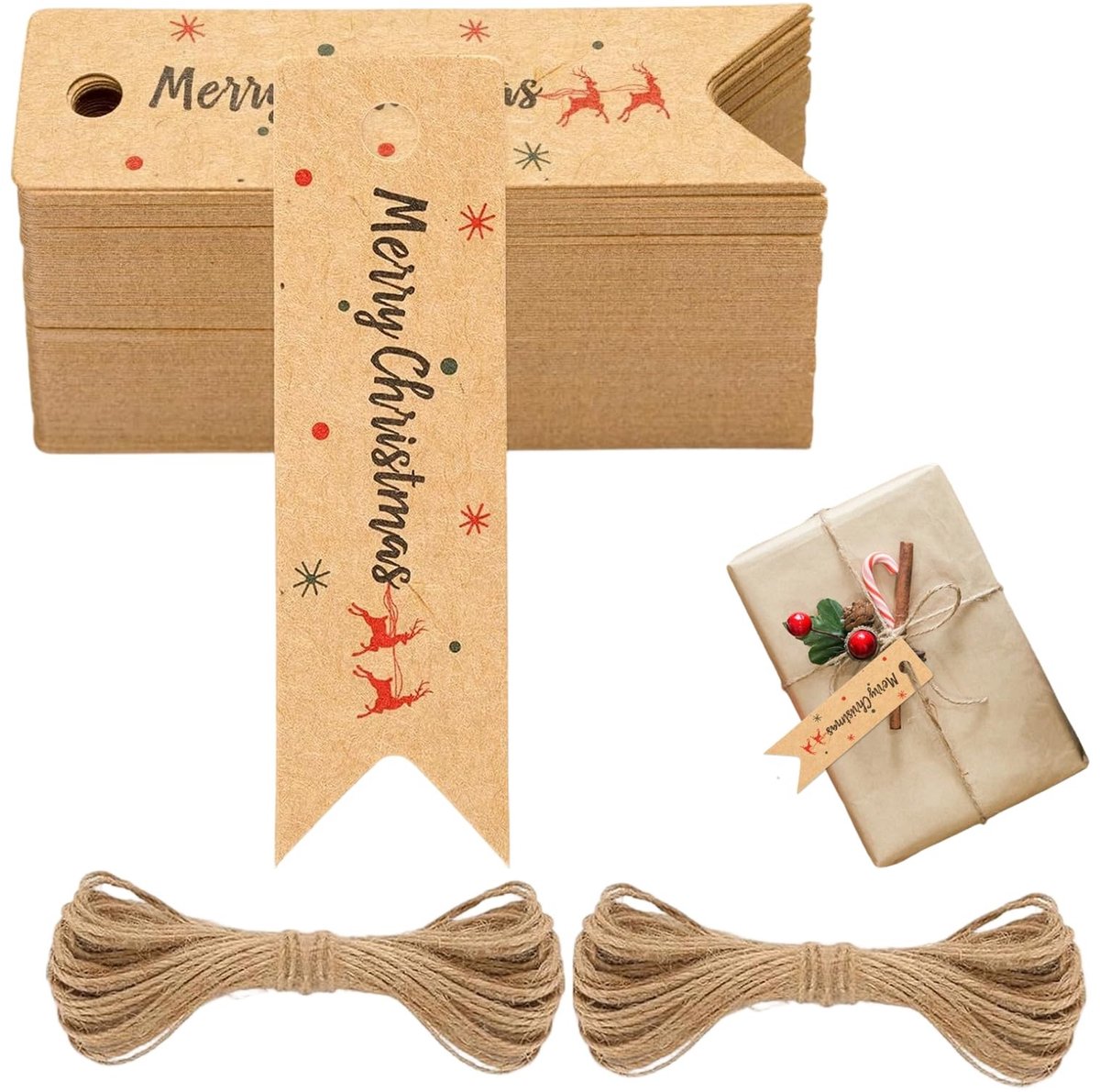 Dailygoods- Cadeau Labels 100 Stuks - Kraftpapier - Bruine Kartonnen Etiketten - Jute Touwtjes - DIY Knutselpapier Tags - Duurzaam en Stevig