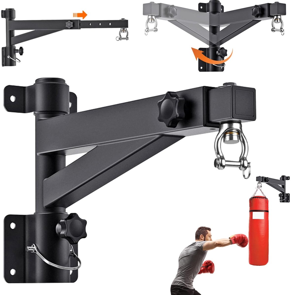 Dailygoods- Bokszakhouder 360° Rotatie - Verstelbare Lengte (43-63 cm) - Wandhouder - Draagvermogen 150 kg - Versterkte Stalen Plaat - Ruimtebesparend - Bokszakstandaard