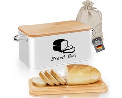 Dailygoods - Mihoho Broodtrommel van metaal met bamboe snijplankdeksel, broodopbergdoos, moderne keukenorganizer voor zuurdeeg, broodjes en brood (wit A)