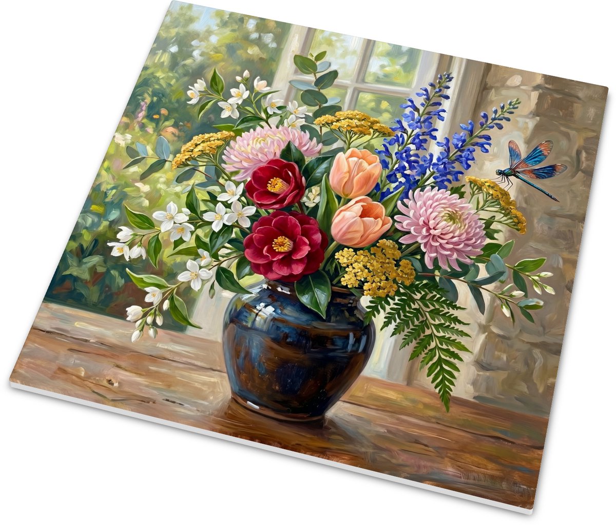 Tegeltje bloemen stilleven met camelia's en libel - Decoratief wandtegeltje