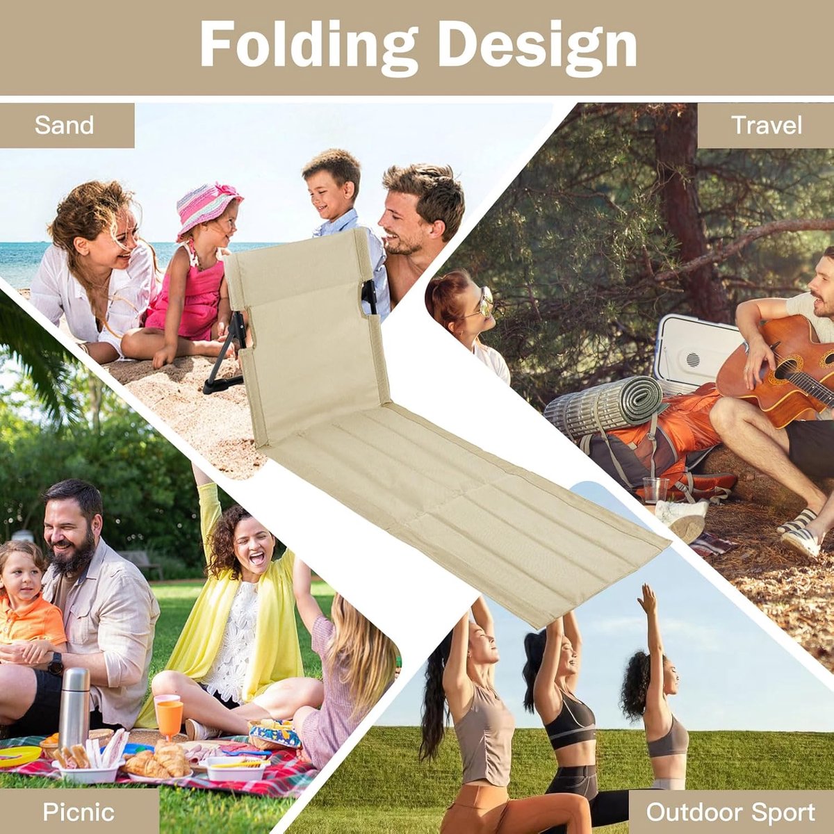 1-delige set - Strandmat met rugleuning - Strandstoel met rugleuning - Opvouwbare strandstoelmat - Draagbare strandstoel - Opvouwbare vloerstoel - Inclusief opbergtas - Geschikt voor strand, kamperen, enz. - 108*40.5cm - Beige — cadeau in Sport & Outdoor - foto 5