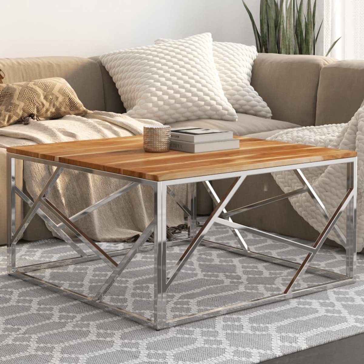 Salontafel - Accenttafel - Woonkamer Inrichten - Vuilafstotend Oppervlak - 80 x 40 cm - Zilver Houtkleurig
