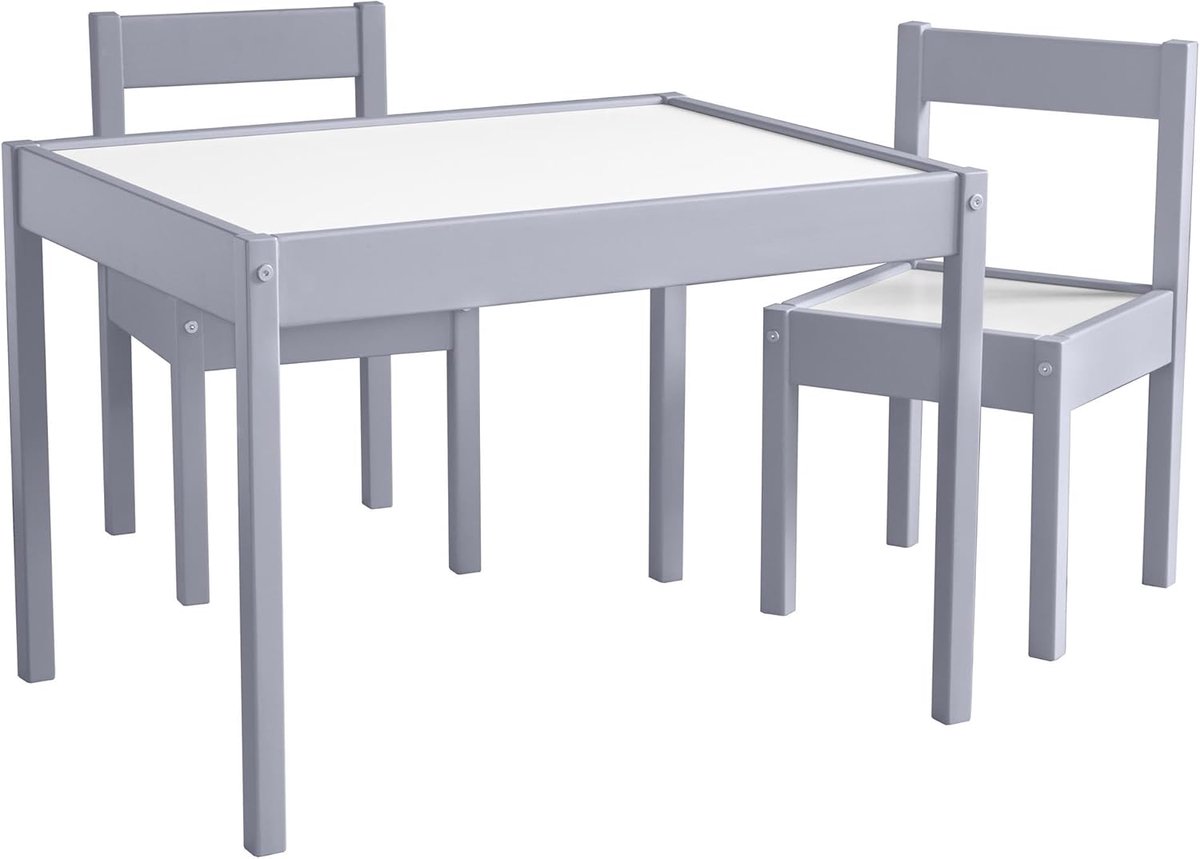 Kindertafel met stoelen - Kindermeubel set - Spelen en knutselen - Stevige houten constructie - 3-delig - Grijs