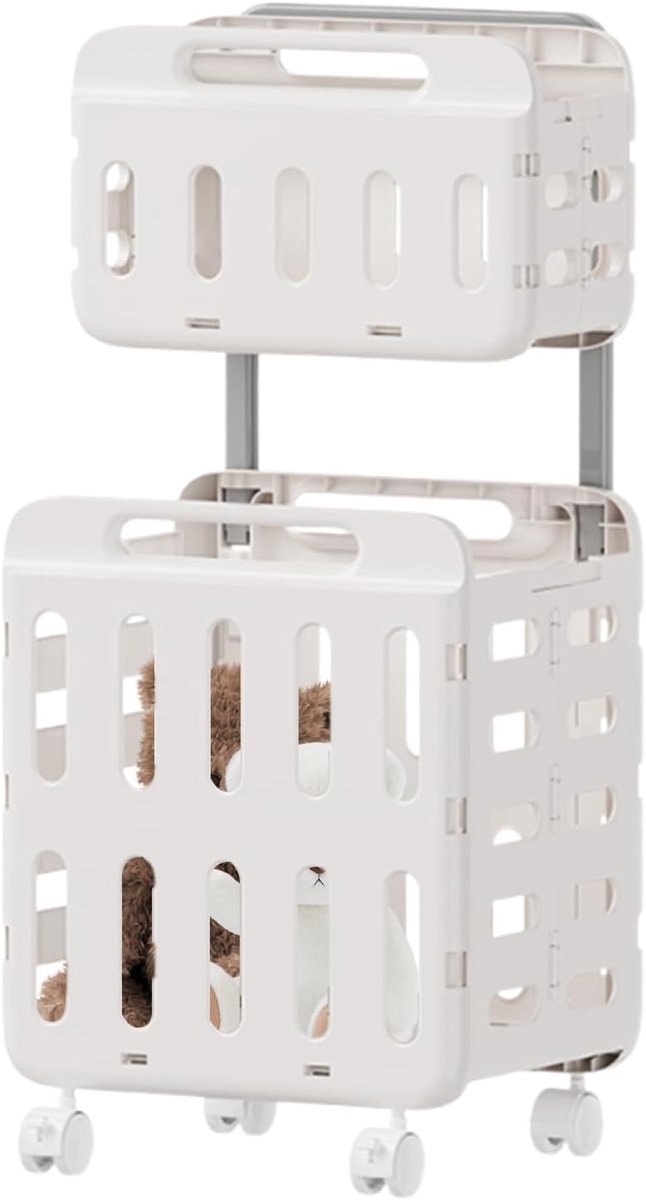 Opvouwbare Wasmand Kledingmand Wielen Was Sorteren Dubbele Laag 37x30x80cm Wit