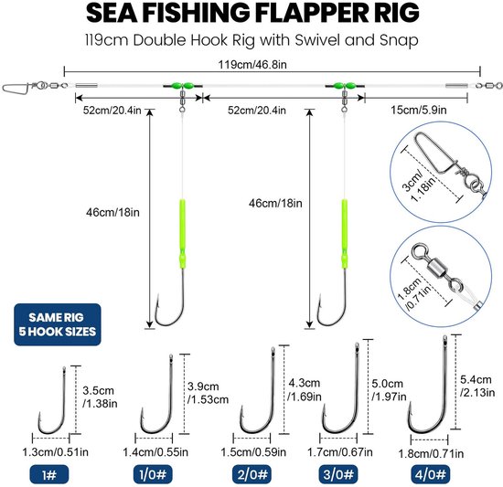 Dailygoods- Onderlijnen 5 Stuks - Flapper Rig - 119 cm Voorgestrikte Montage - Dubbele Haak - Zeevisserij - Kustvisserij - Scherpe Haken - Vissystemen — afbeelding 2