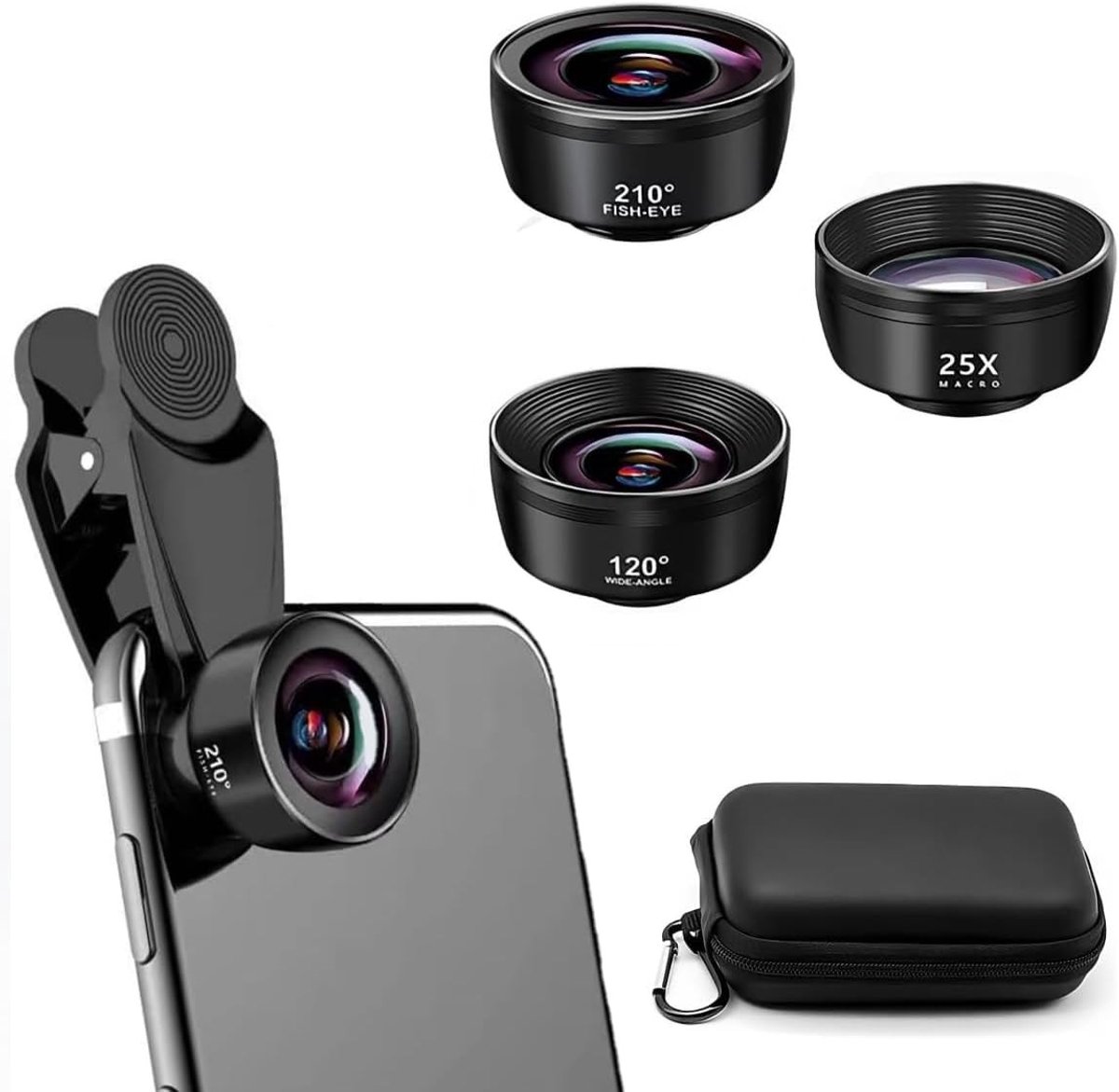 Dailygoods- Cameralens 3-in-1 - Fisheye/Groothoek/Macro - 210° Panoramisch - Optisch Glas/Aluminium - Voor Mobiele Telefoon - Eenvoudige Bevestiging - Lenskit