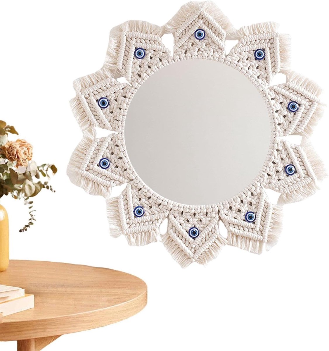 Wandspiegel - Boho decoratie - Woonkamer aankleden - Met macramé - 45 cm diameter - Niet g