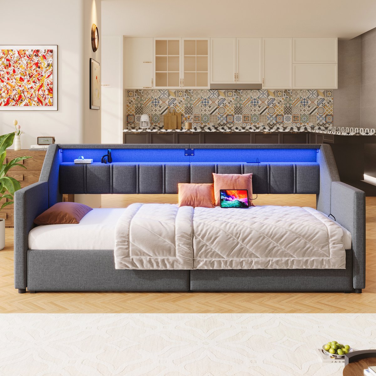 MEUNIQ slaapbank 90 x 200 cm met uitschuifbed, USB en Type-C, LED-verlichting, 2 lades en opbergvakken, daybed voor slaapkamer, grijs, zonder matras