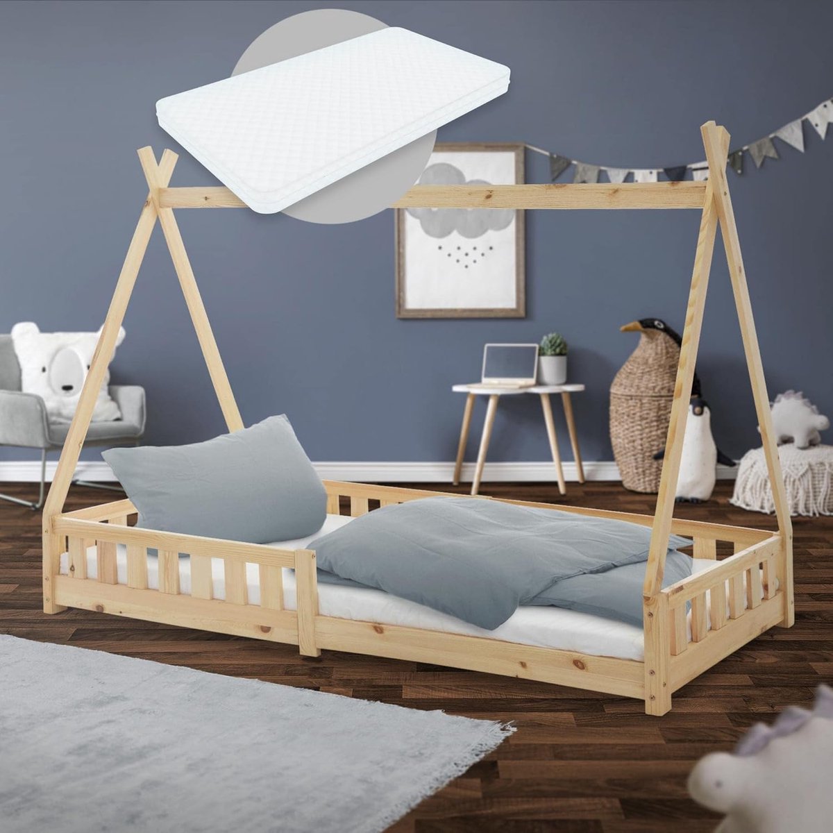 Kinderbed tipi - Huisbed speelbed - Avontuurlijke slaapplek - Inclusief matras valbeveiliging - 90x200 cm - Naturel