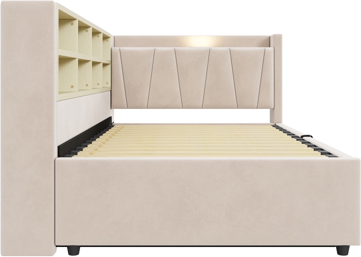 MEUNIQ slaapbank 90x200 cm met hydraulische opbergruimte, nachtlampje, USB- en Type-C-aansluiting, open vakken en gestoffeerd hoofdbord voor slaapkamer, beige