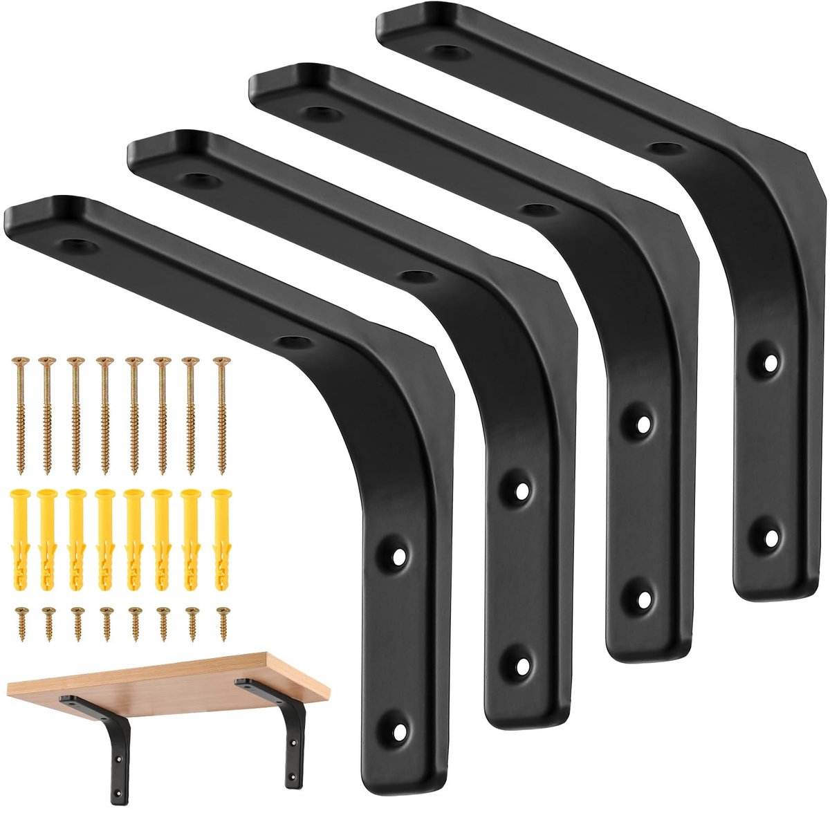 Dailygoods- Plankdragers Zwaarlast - 4x Driehoekige Wandbeugel - Zwarte Metalen Dragers - 200x150mm - 50kg Draagvermogen - Inclusief Montageset - Planksteunen