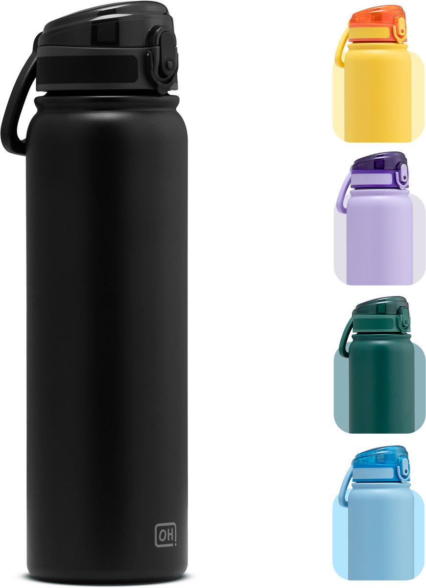 BentOH! RVS Waterfles 1000ml Volwassenen - Zwart - Anti-overloop & Lekvrij – Met Eén Hand te Openen – BPA-vrij & Vaatwasserbestendig