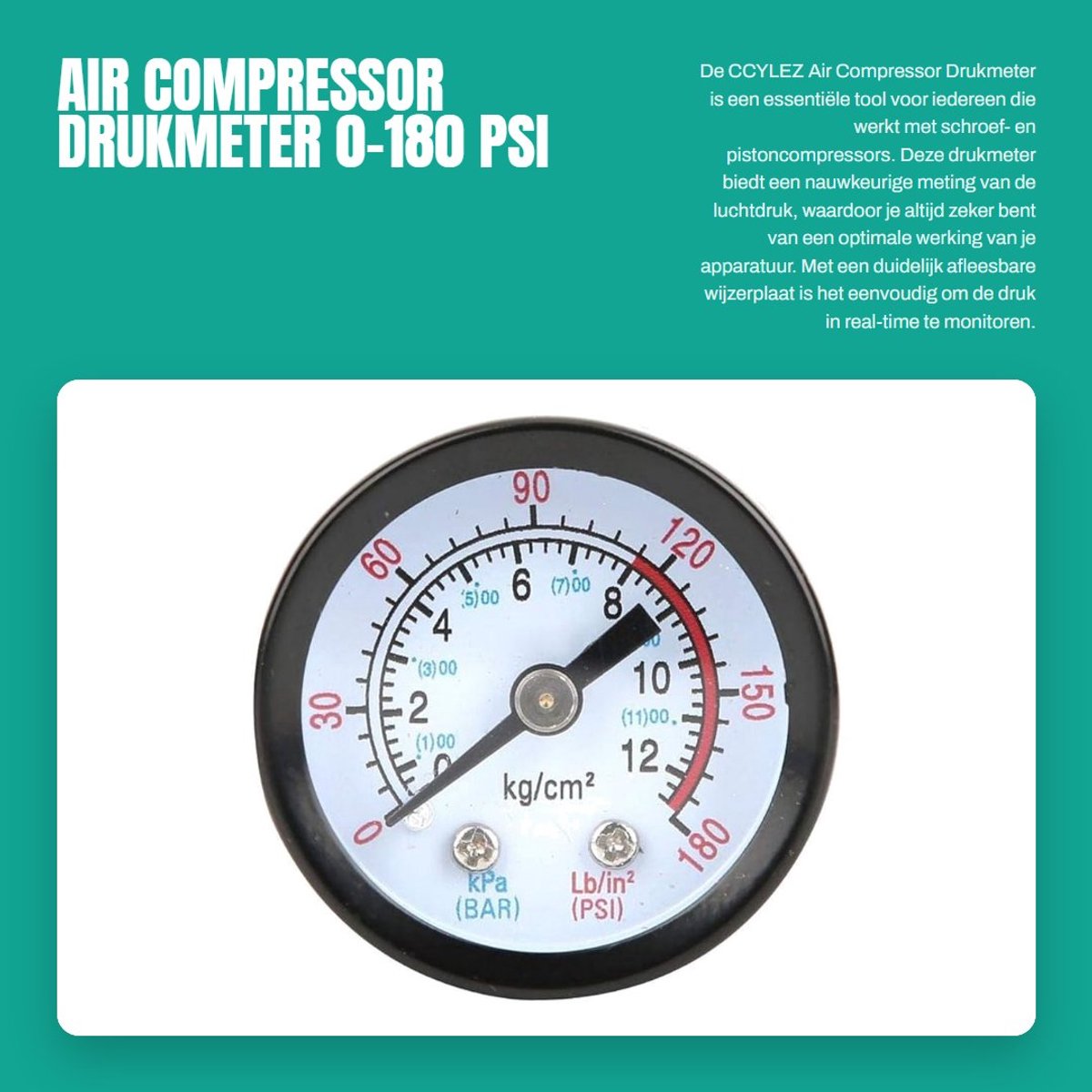 Dailygoods- Drukmeter 0~180 PSI - 42mm Diameter - Geschikt voor Schroef/Piston Compressors - Eenvoudig Afleesbaar - Hoge Betrouwbaarheid - Duurzaam Materiaal - Drukmeter Voor Luchtcompressor