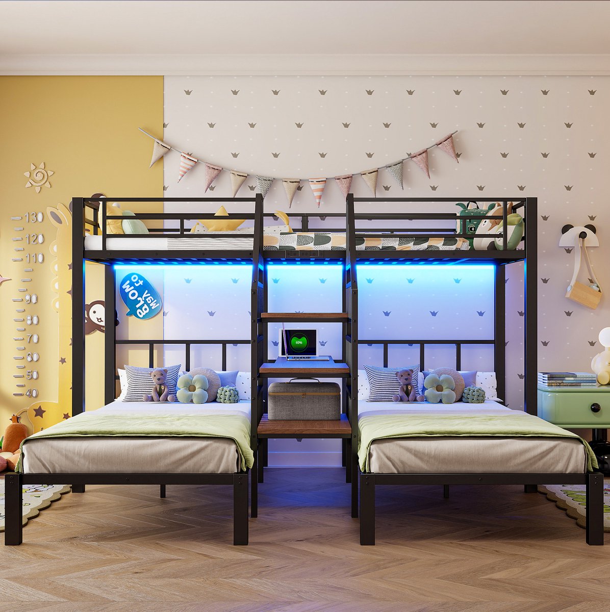 MEUNIQ stapelbed 90 x 200 cm met 3 bedden, LED-verlichting, trap met opbergruimte, bureau, plank, 2 USB-poorten en stopcontact voor kinderkamer, zwart