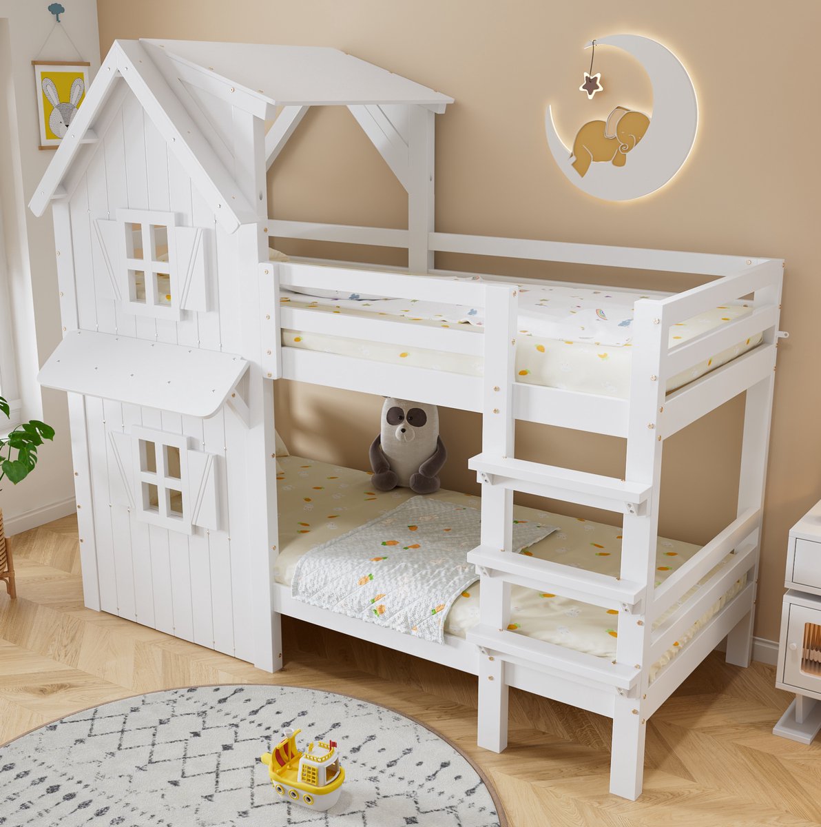 MEUNIQ stapelbed 90x200 cm voor kinderkamer met dak en ramen, veiligheidshekken, rechte 3-treeds ladder en lattenbodems, wit
