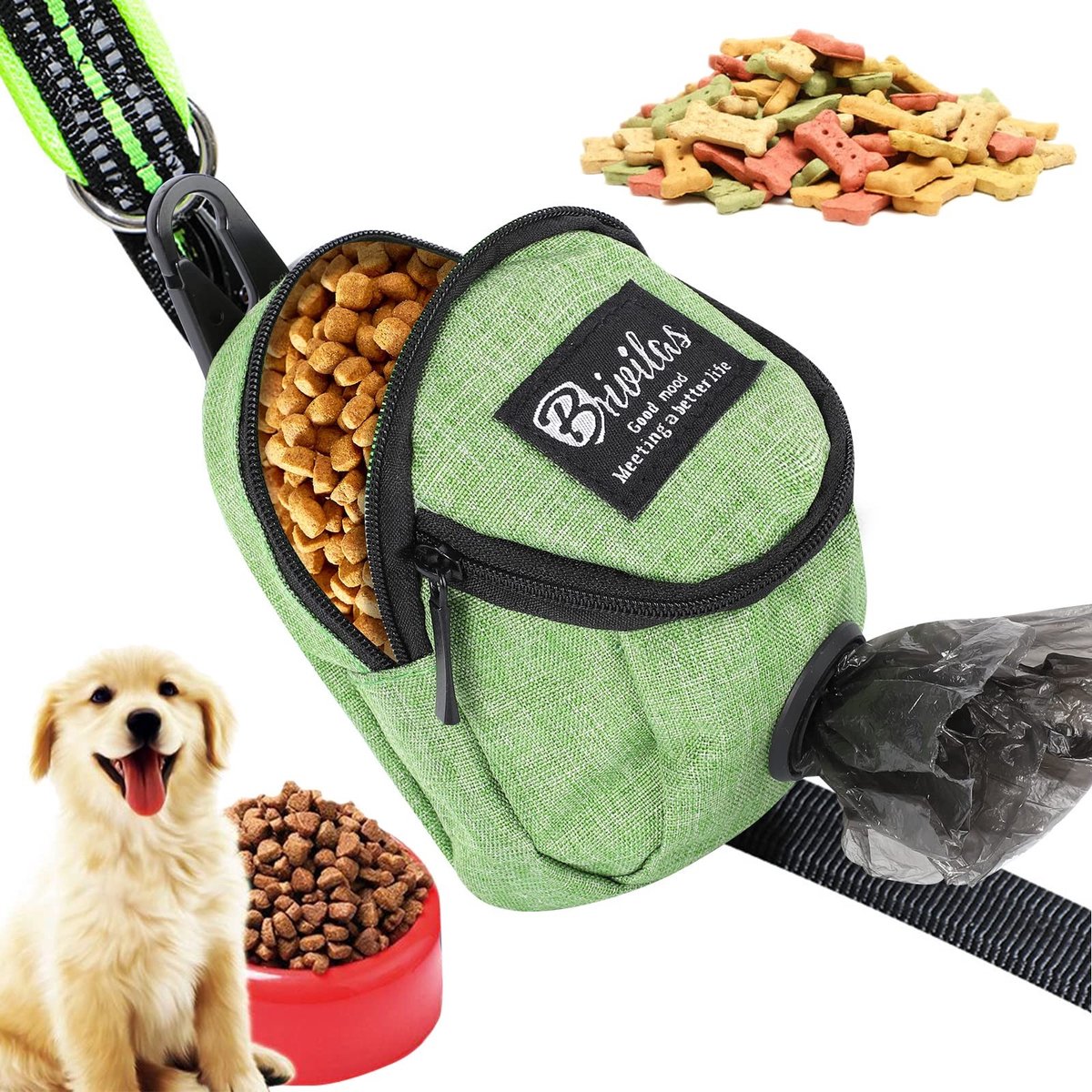 Dailygoods - Yoosso Leckerlizak voor honden, voederzak, hondentraining, traktatietas, multifunctioneel, met poepzakdispenser, hondensnoepzak voor wandeltochten, hondentraining (groen)