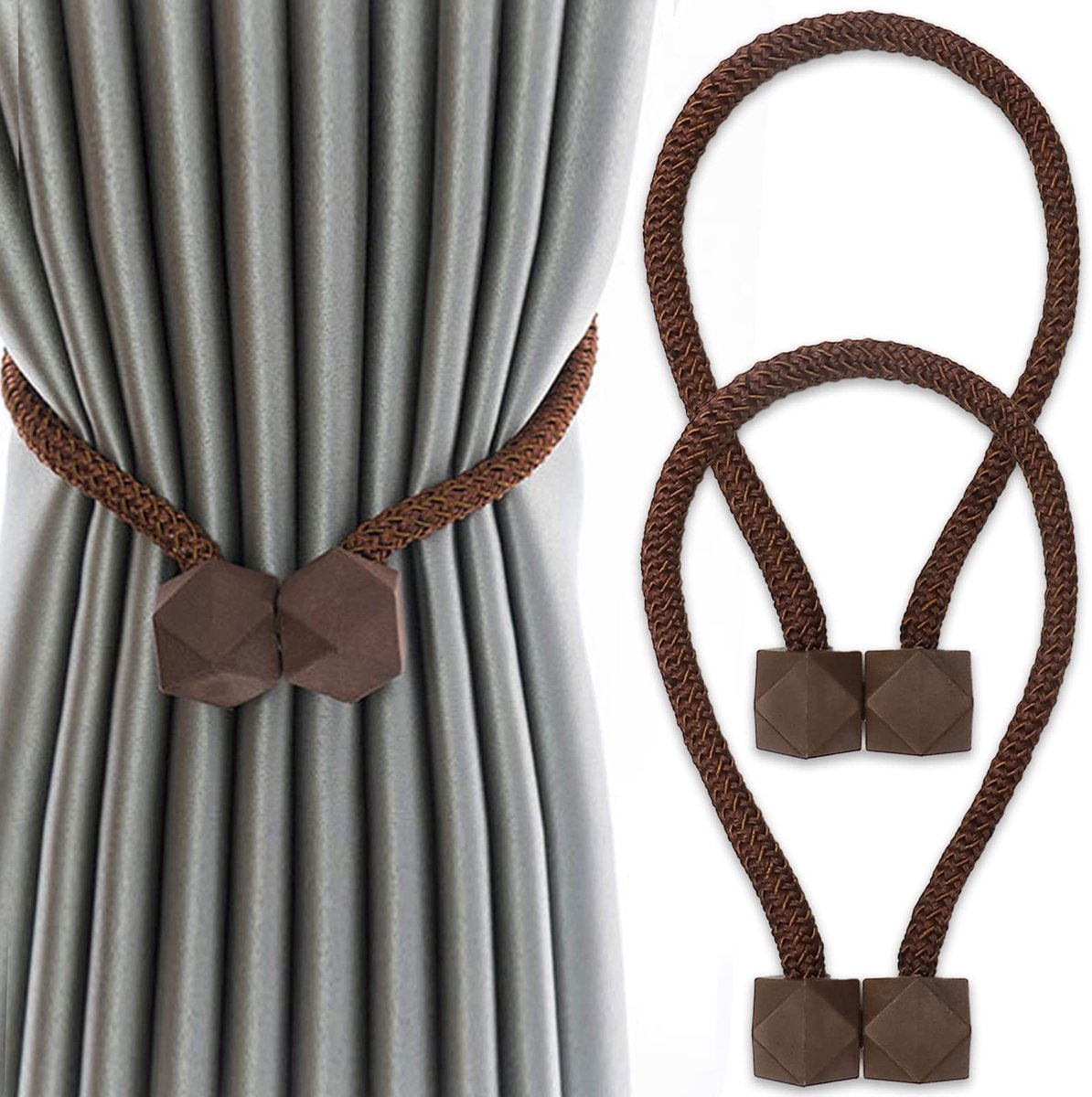 Dailygoods - 2 Pack Magnetische Gordijn Tiebacks Outdoor Gordijn Houders Draperie Hold Twist Touw Decoratieve Europese Stijl Handdoek Ties Douche Slaapkamer Bruin