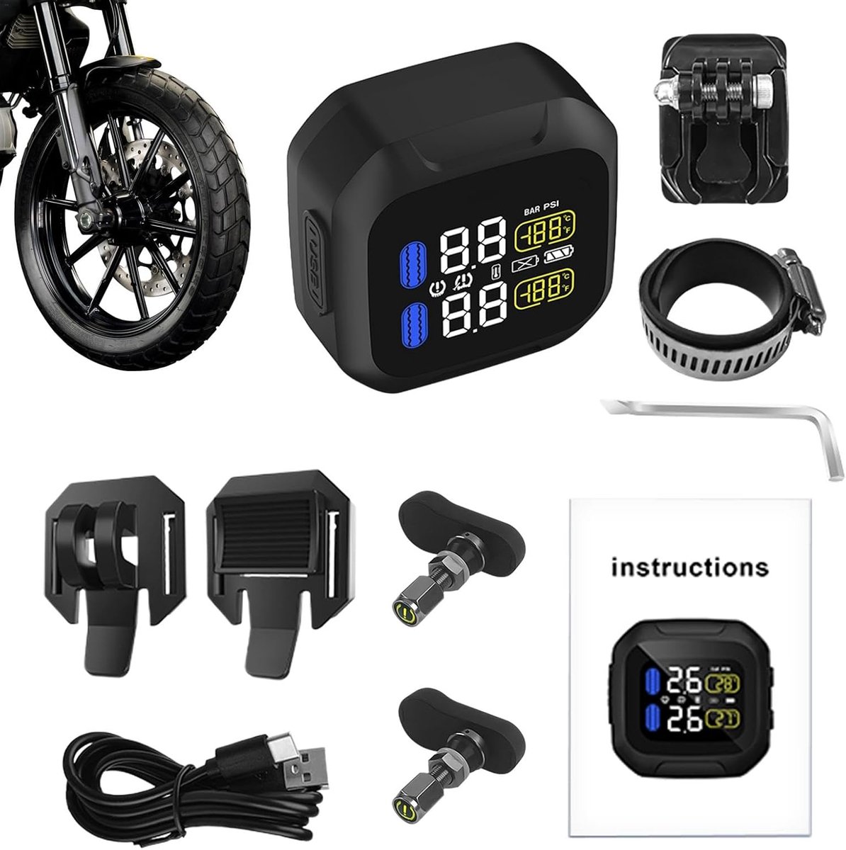 Motorbandenspanningsmeter - Bandenspanning controle - Veilig Rijden - Zonne- en USB-lading - 7 Alarm Modes - Zwart
