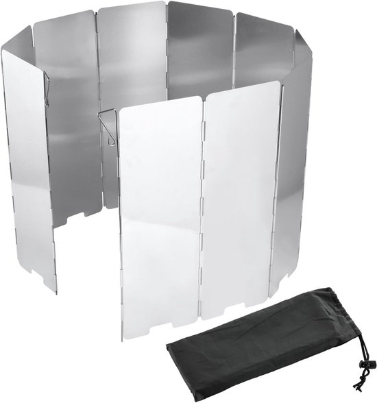 Zilverkleurig aluminium windscherm met 10 lamellen, opgevouwen met een zwart opbergzakje ernaast.