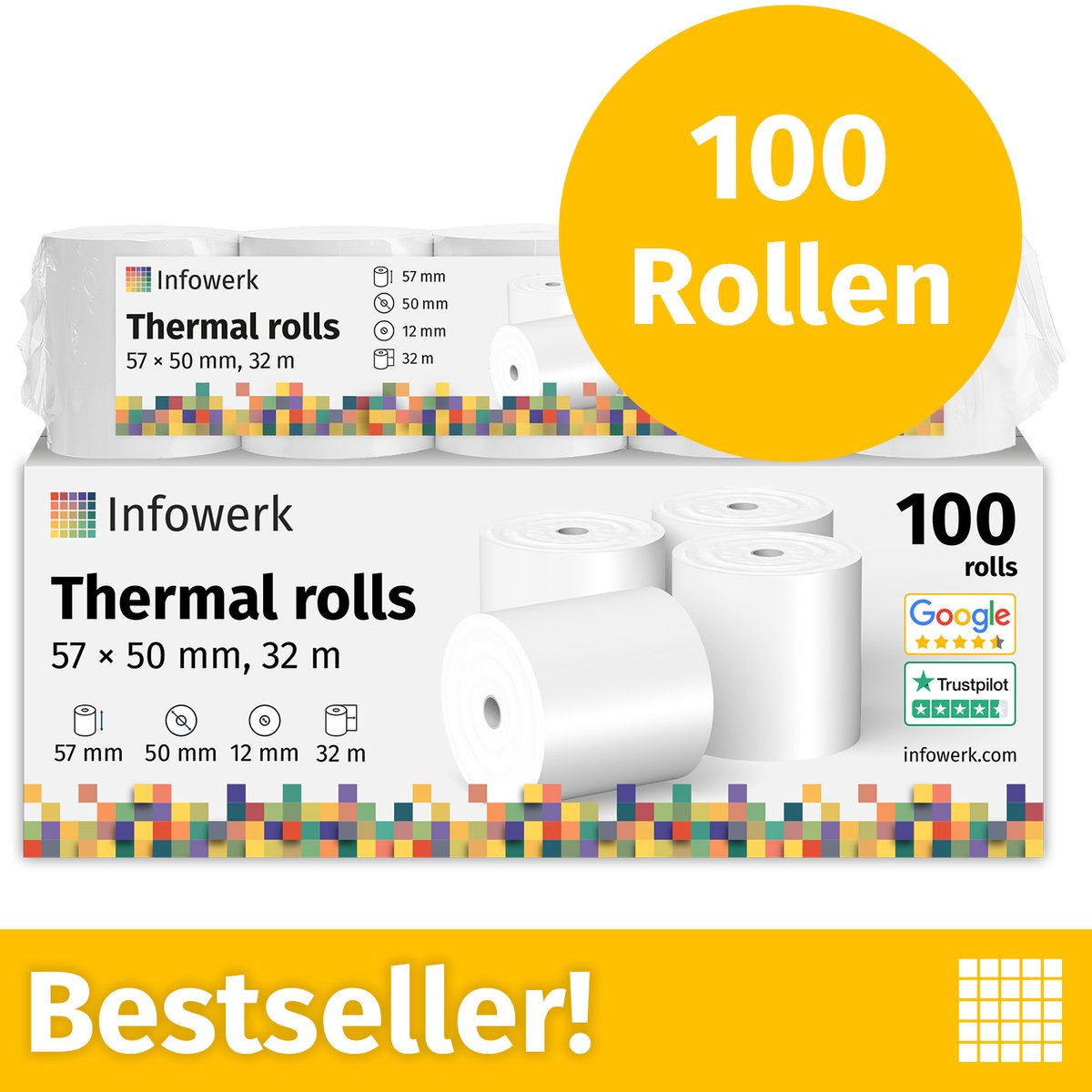 Infowerk thermorollen / kassarollen, 100 rollen, 57 mm x 50 mm x 32 mm, 18 m, PEFC, voor EPSON, IBM en vele andere merken.