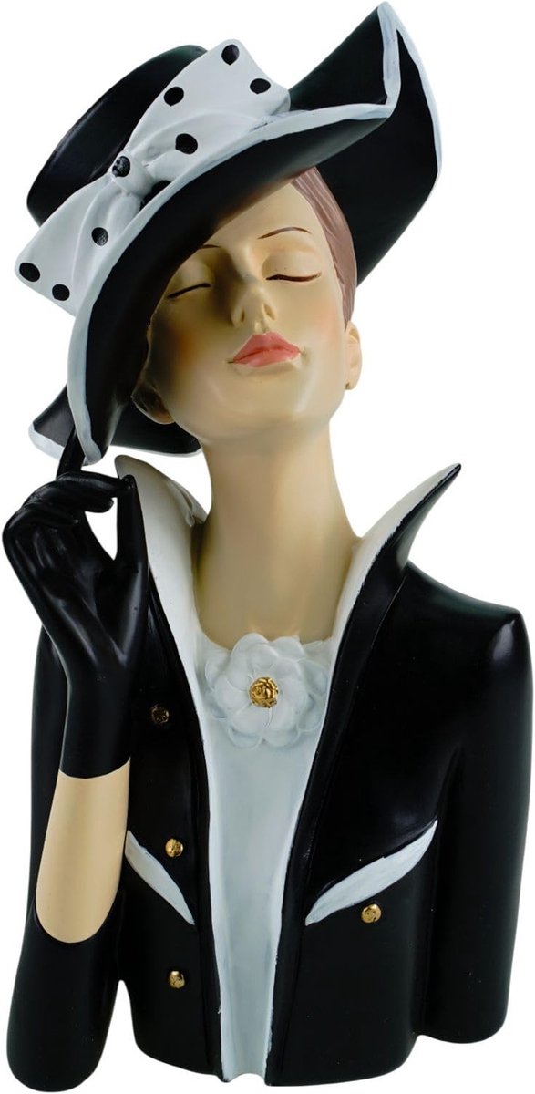 Dailygoods- Vrouwenbuste handbeschilderd 28 cm - Decoratief figuur - Woonaccessoire - Wit-zwart - Elegante tafeldecoratie - Tijdloze klasse - Decoratieve Figuur