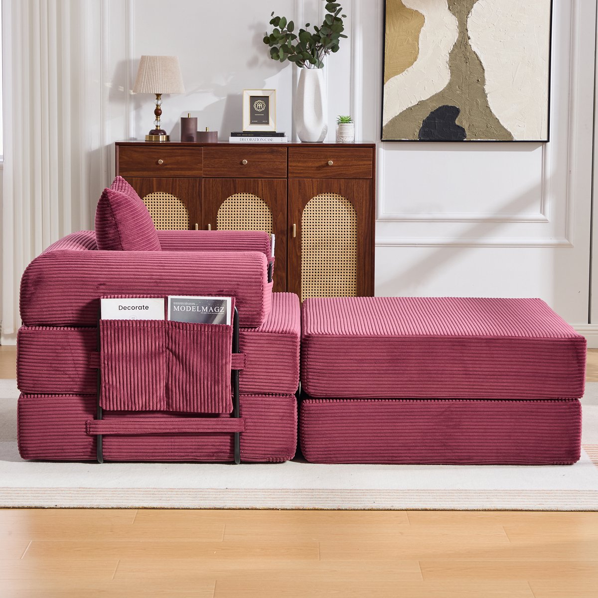 DESMIU Fauteuil 190 x 112 x 67 Cm - Met Hocker, Kussen En Zijvak - Voor Woonkamer, Slaapkamer En Balkon - Corduroy Wijnrood