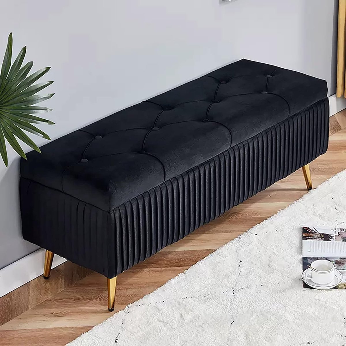 Opbergbank Fluweel - Ottoman Poef - Extra Zitting - Gouden Poten - 80x40x45cm - Zwart