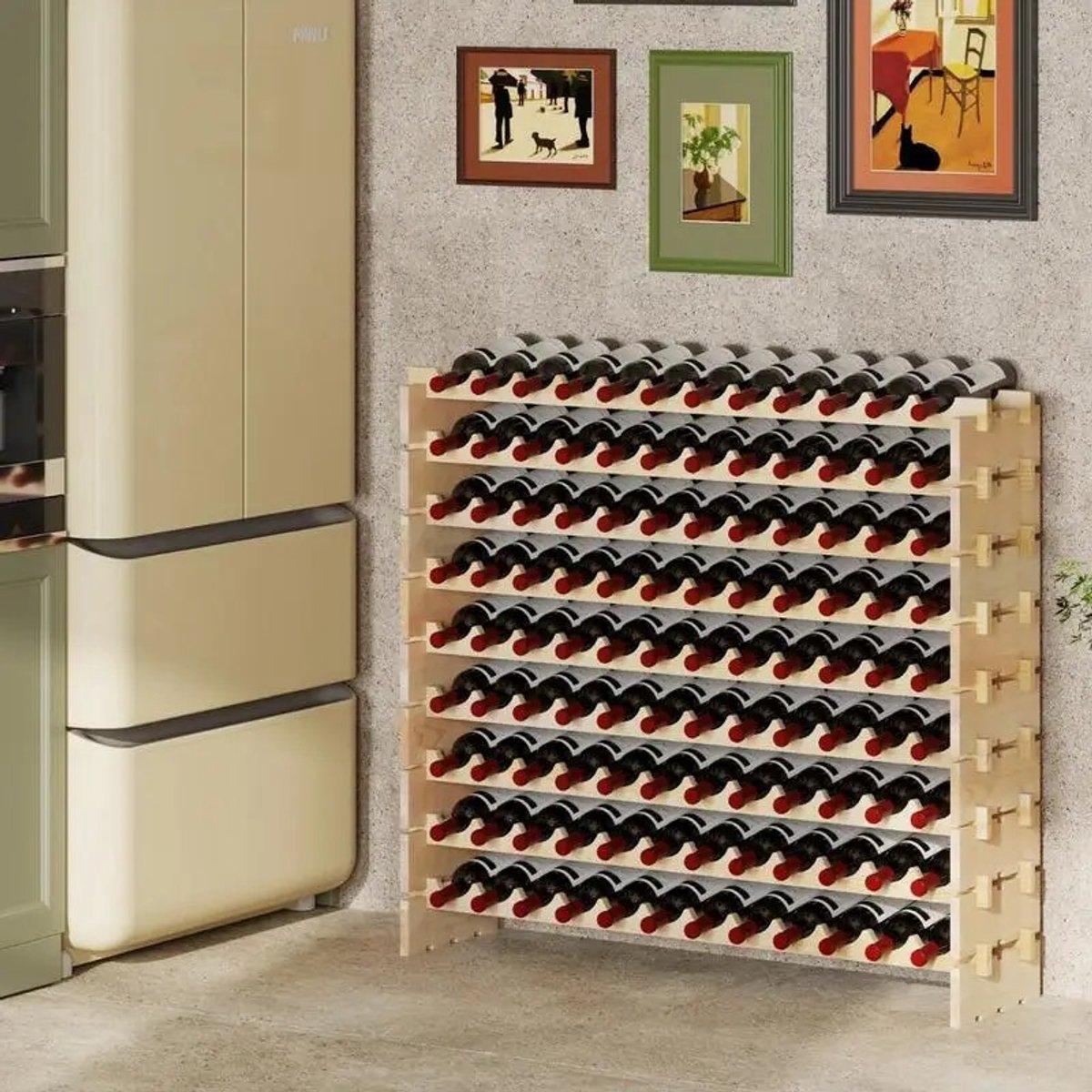 Dailygoods Stapelbare modulaire wijnrek voor 108 flessen, 9-laags houten wijnrek, vrijstaande wijnpresentatieplank, natu