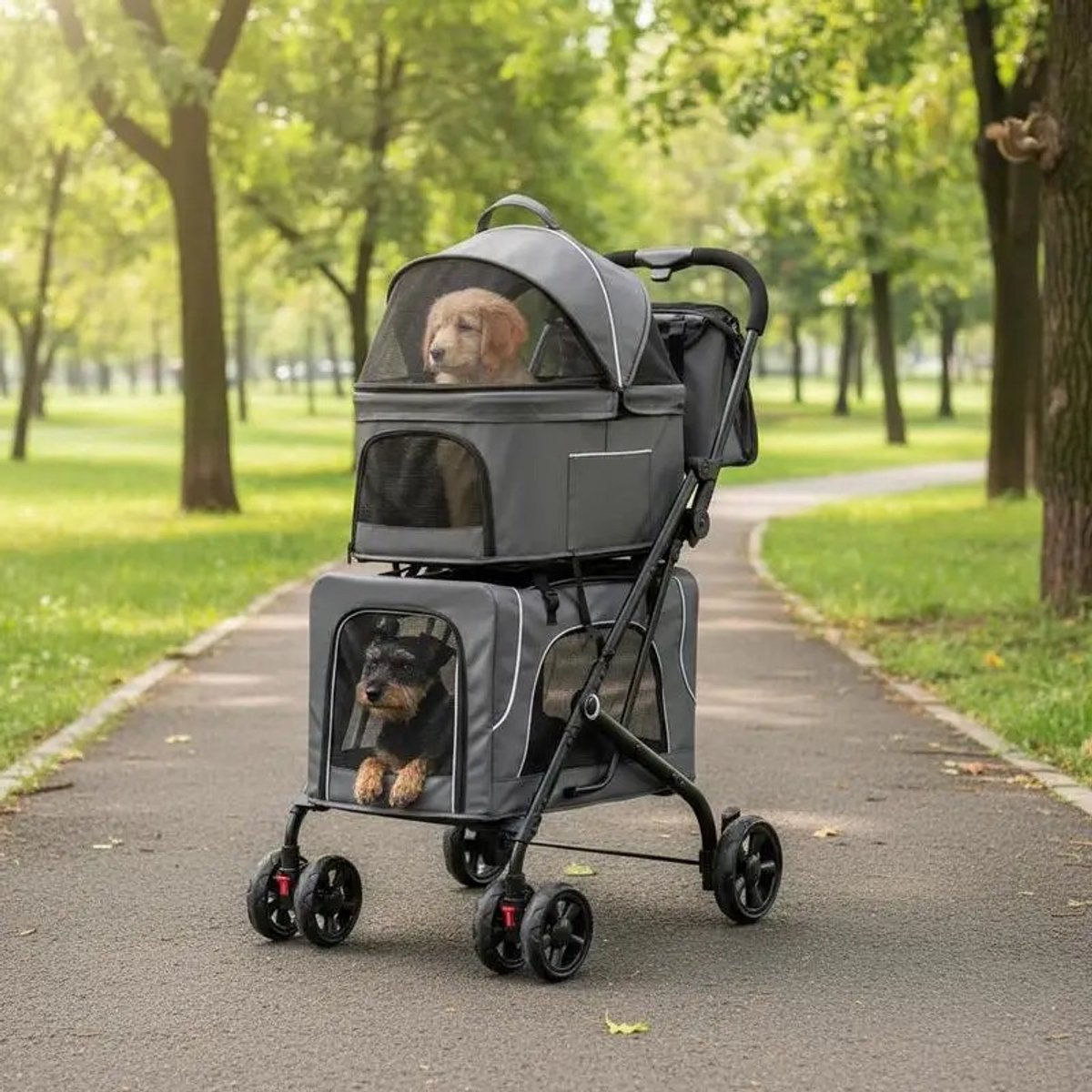 Dailygoods Opvouwbare dubbele hondenbuggy met afneembare draagmanden - Grijs