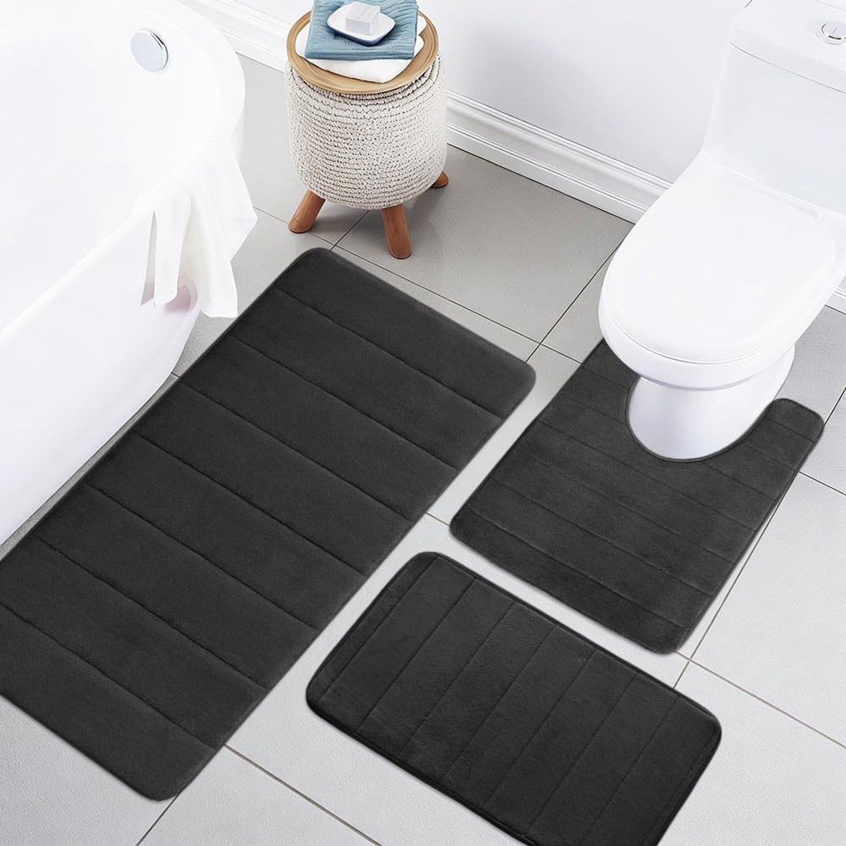 Dailygoods - Badmatset, 3-delig, van traagschuim, badkamertapijt, antislip, wasbaar, complete badkamertapijtset, badkamertapijtset voor douche, toilet en badkuip, zwart