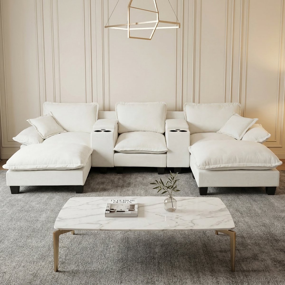 MIVRAY U-Bank 323 x 151 x 90 cm - Met Opbergruimte, Usb En Bekerhouders - Voor Woonkamer En Appartement - Chenille Beige