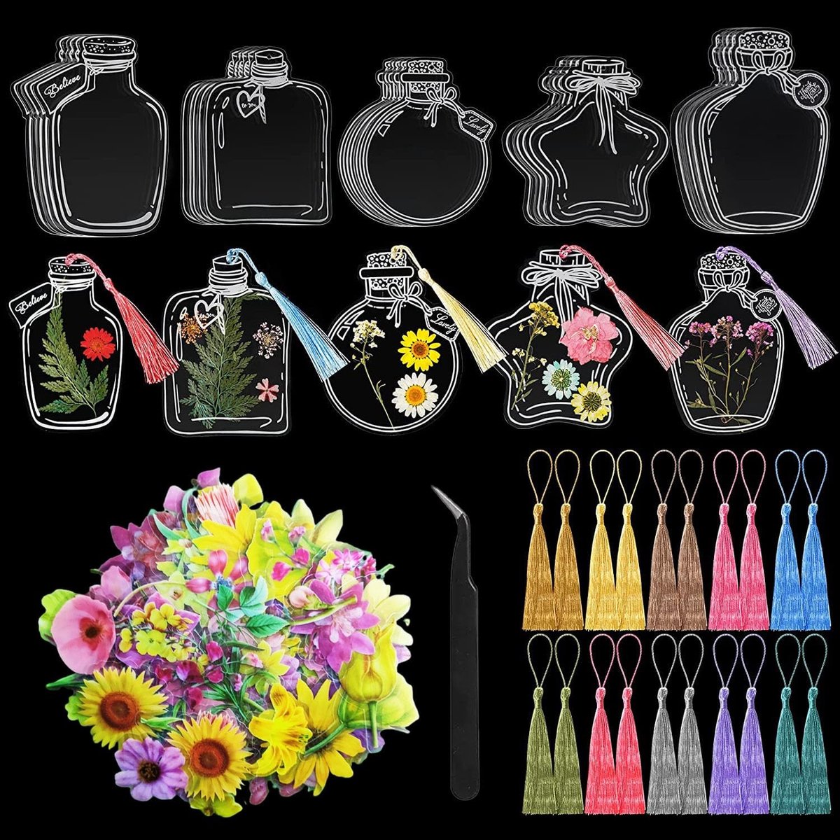 Dailygoods- Bladwijzers 24 Stuks - Transparante Bladwijzers - DIY Bladwijzers - Kleurrijke Kwastjes - Cadeau Voor Kinderen - Groot Formaat 11 cm - Boekenleggers