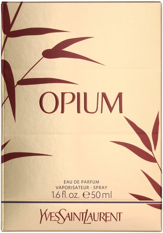 Doos van Yves Saint Laurent Opium Eau de Parfum 50 ml met bamboe-accenten.