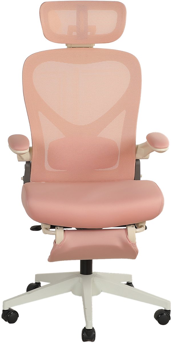 Bureaustoel - Ergonomisch Opvouwbaar Design - Met 3D Hoofdsteun, Lendensteun En Inklapbare Armleuningen - Mesh Roze
