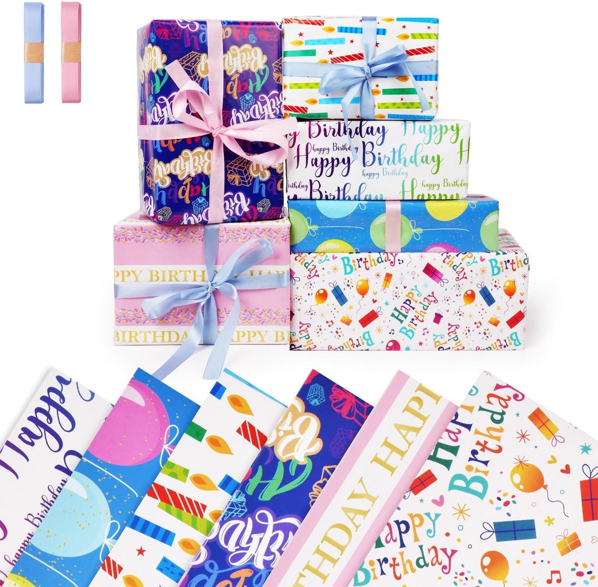 Dailygoods - OFFCUP Cadeauverpakkingskaarten, 6 stuks multifunctioneel inpakpapier voor verjaardag, huwelijksfeest - recyclebaar, 50 x 70 cm, 2 touwen inbegrepen